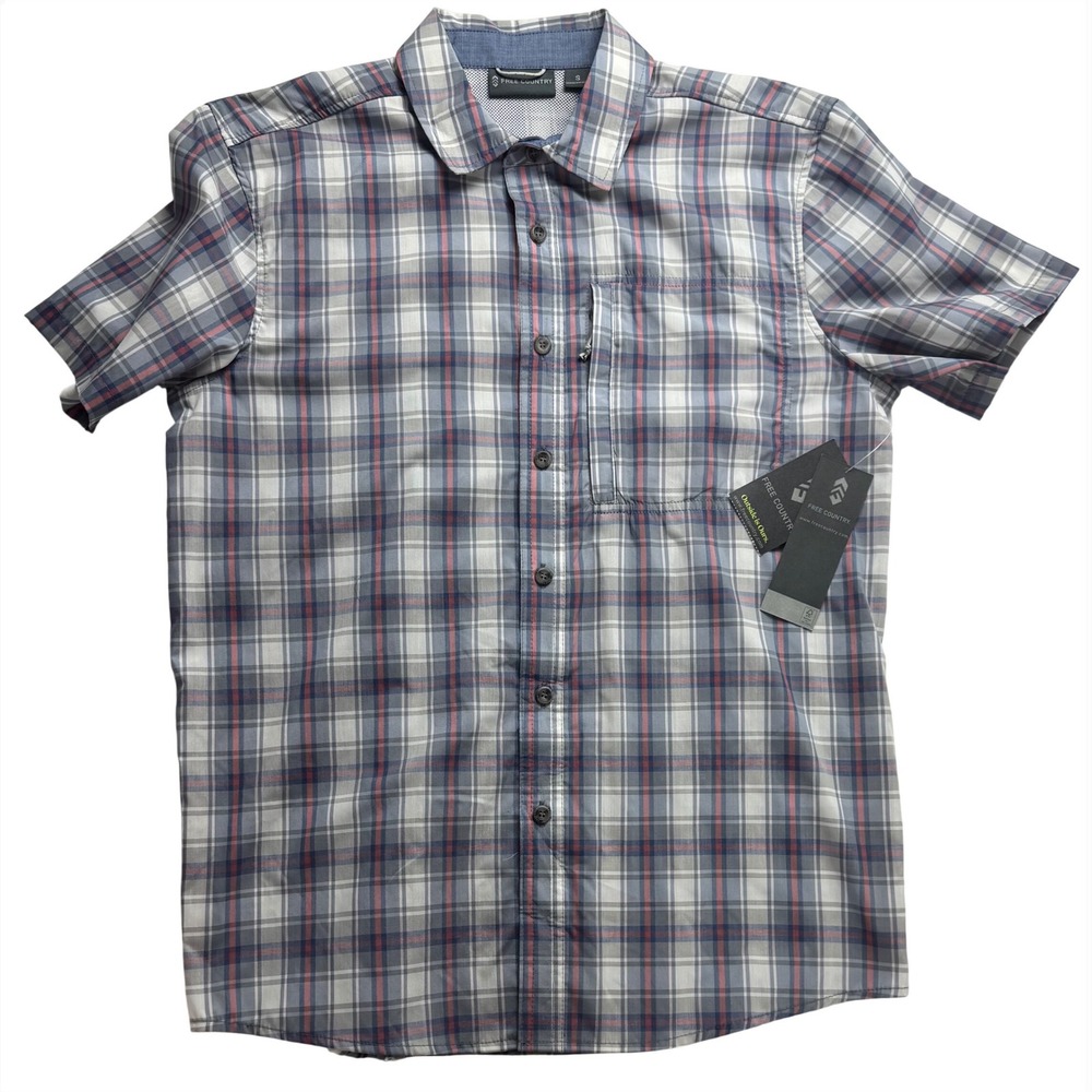 Free Country Mens Excursion Plaid Short Sleeve Shirt Dark Stone Small